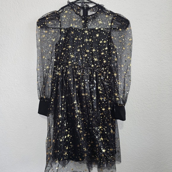 Girls Black Gold Star Celestial Mesh Puff Sleeve Party Dress Size 8Y - Picture 3 of 3